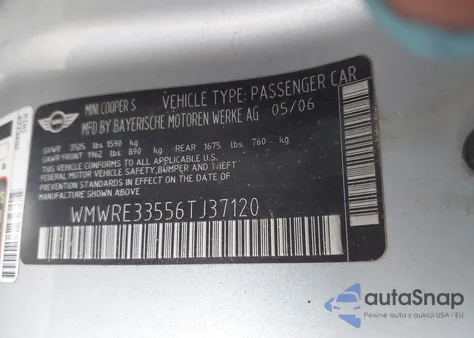2006 Mini Cooper S S z USA, uszkodzony, nr VIN WMWRE33556TJ37120